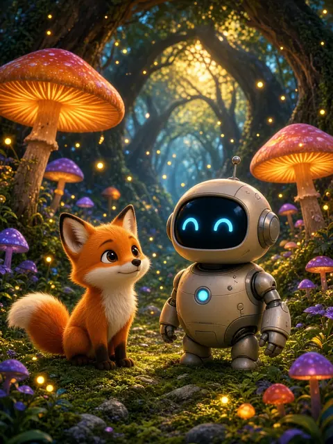 Illustration de film d’animation : un renard et un petit robot en forêt