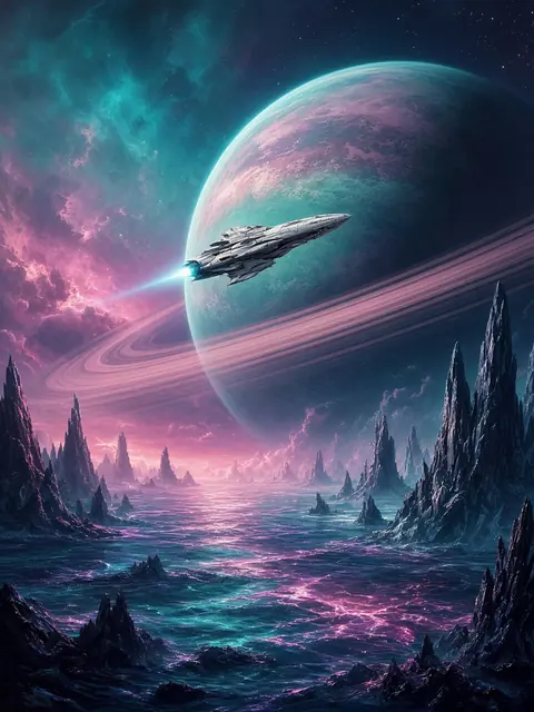 Illustration de science-fiction : vaisseau spatial devant une planète à anneaux