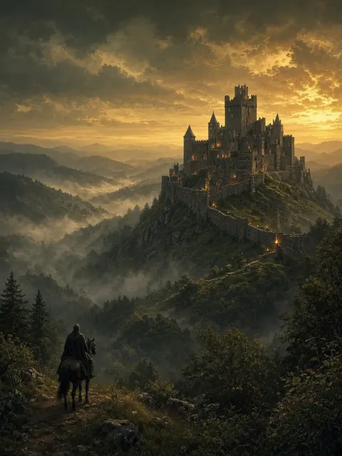 Illustration de série historique : cavalier devant un château