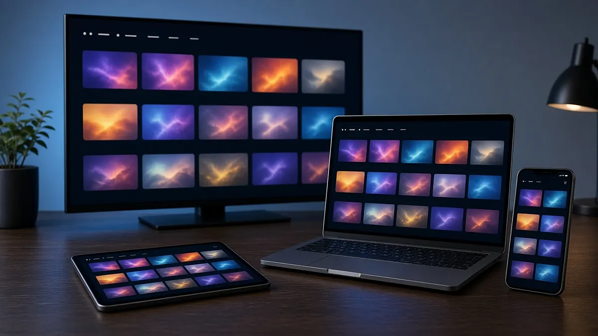 Interface de streaming affichée sur un téléviseur, un ordinateur portable, une tablette et un smartphone