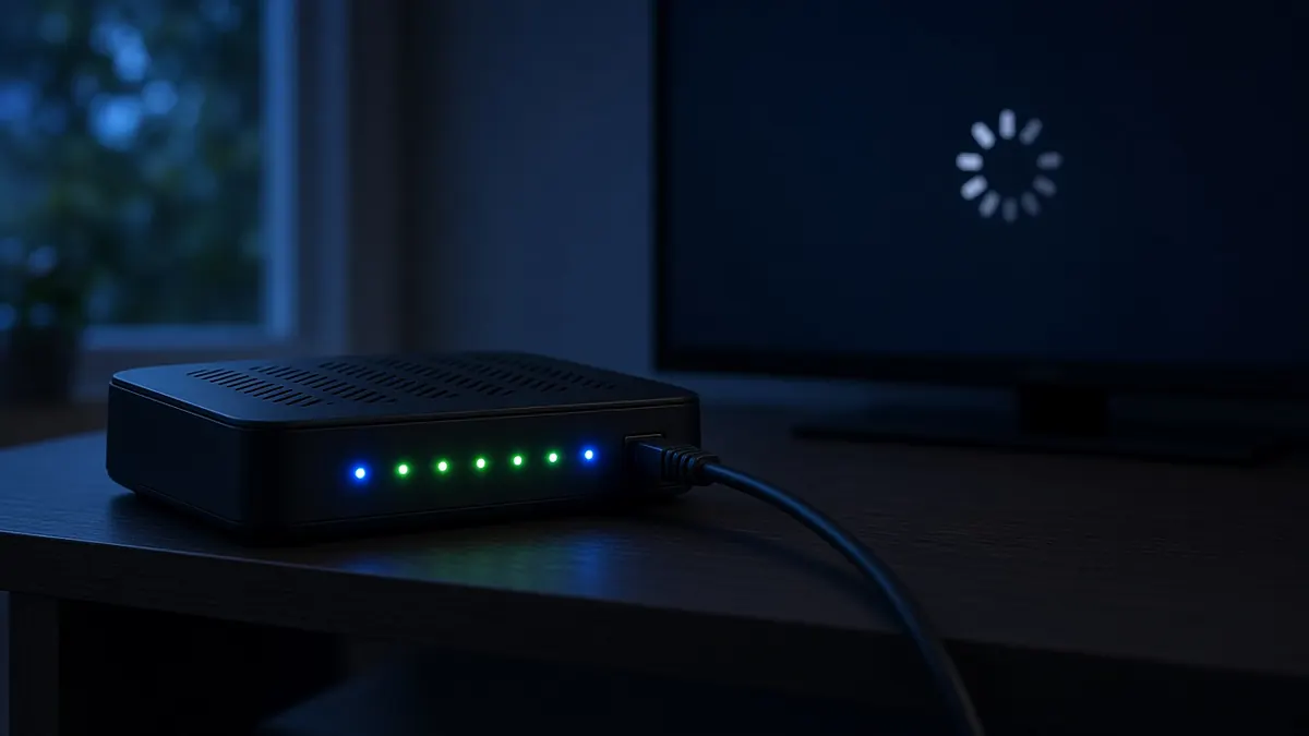 Routeur Wi-Fi relié par câble devant un téléviseur en cours de chargement