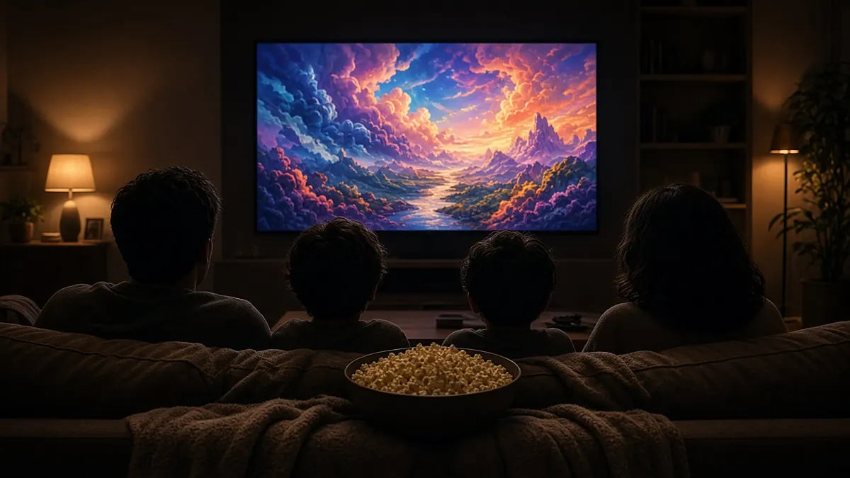 Famille installée sur le canapé devant un film sur la télévision du salon