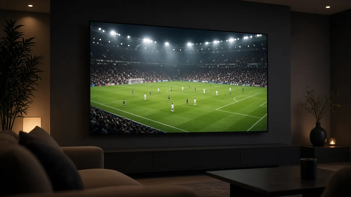 Match de football dans un stade affiché en 4K sur un grand téléviseur