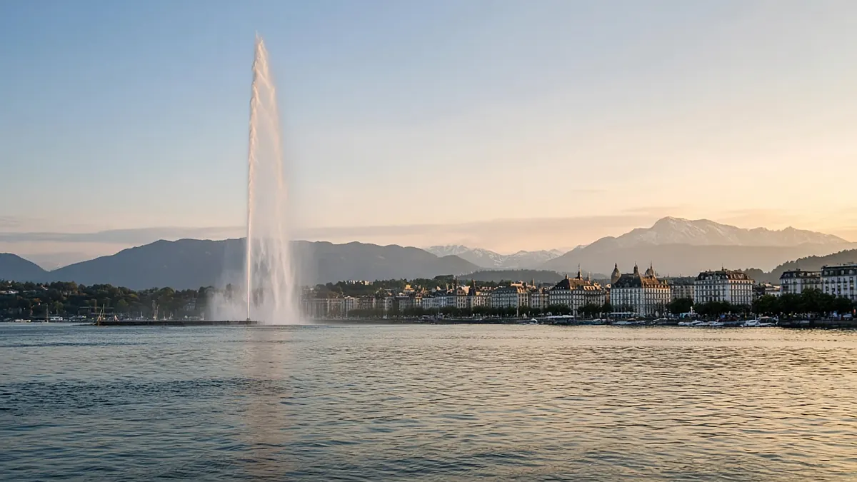 Le jet d’eau de Genève sur le lac Léman au coucher du soleil
