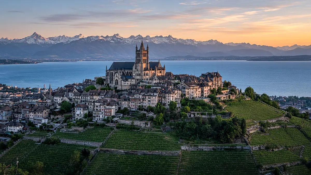 Lausanne, sa cathédrale et les vignes au-dessus du lac Léman