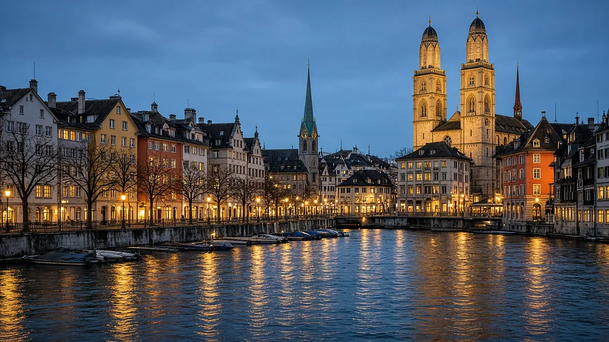 La vieille ville de Zurich et la Limmat illuminées le soir